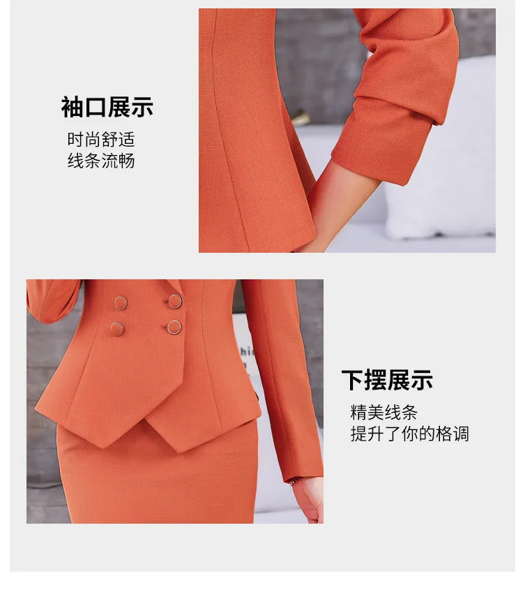 Navy Blue Suits Women 2023 New Spring Autumn Professional Long Sleeve Slim Blazer And Skirt Sets Office Ladies Work Wear Orange