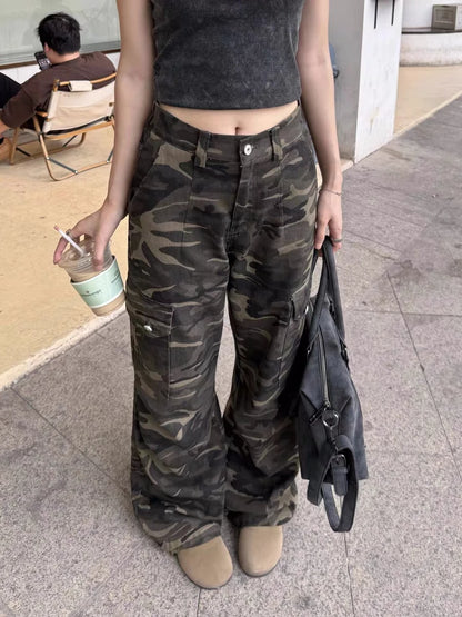 アメリカンレトロ カモフラージュ ゆったりストレートレッグ ワークパンツ レディース ストリートデザイン センセーション デニム ハイストリート ロングジーンズ