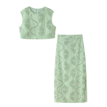 Elegant Chic Embroidery Skirt Set Women's Sleeveless Short Tops and Straight Long Skirt 2025 Summer High Street Slim Lady Set