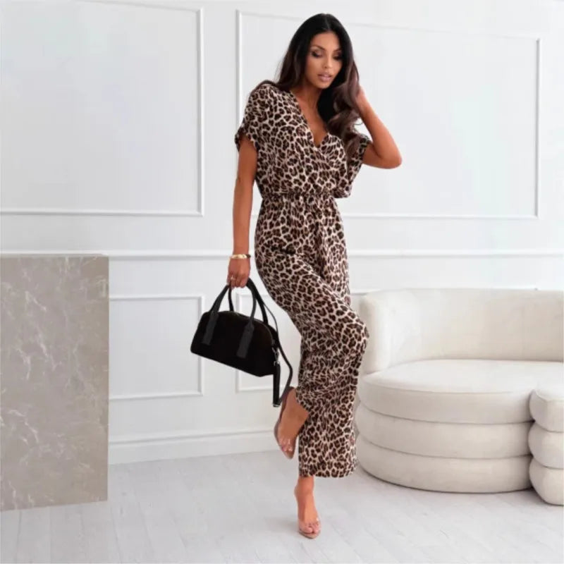 Summer Fashion Leopard Print Jumpsuit For Women Elegant Deep V-neck Rompers Office Overalls Casual Jumpsuits Streetwear Female