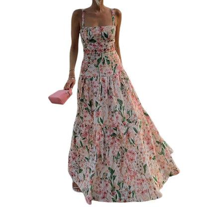 Summer Sexy Off Shoulder Vacation Long Dress Women Elegant Floral Print Hollow Party Dress Fashion Sleeveless Pleated Bohe Dress