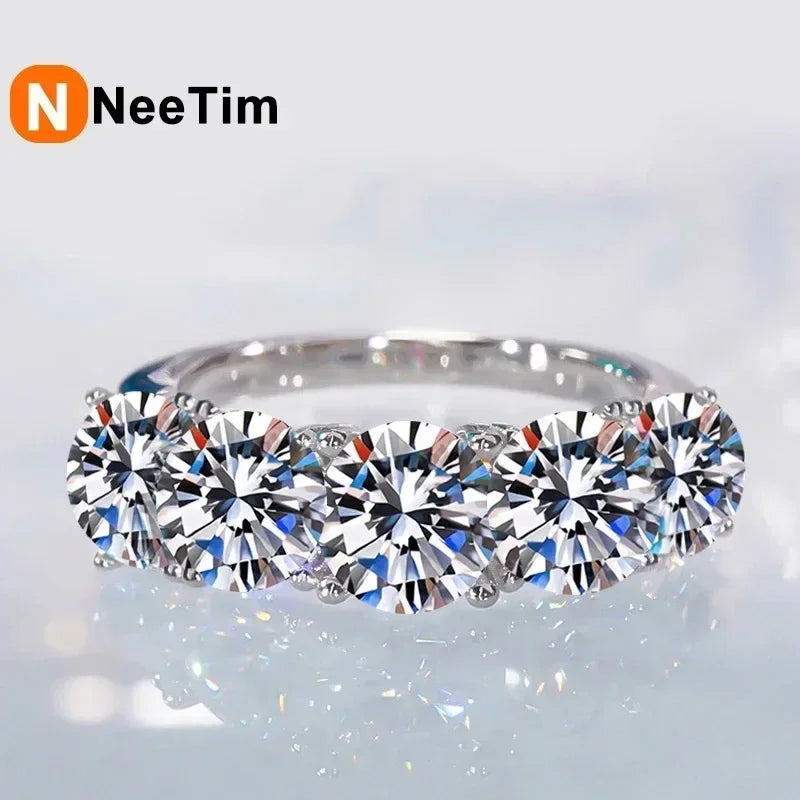 NeeTim 5mm 6.5mm Full Moissanite Ring for Women S925 Sterling Silver Eternity Sparkling Diamond Band Wedding Rings Jewelry