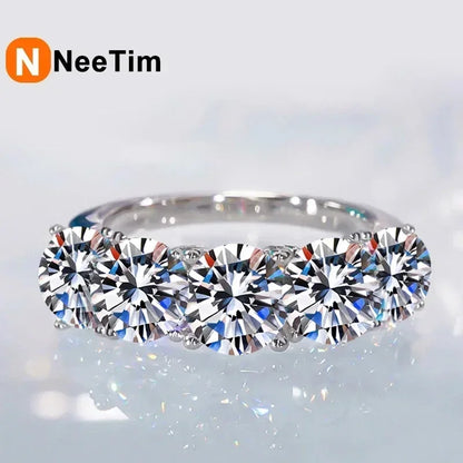 NeeTim 5mm 6.5mm Full Moissanite Ring for Women S925 Sterling Silver Eternity Sparkling Diamond Band Wedding Rings Jewelry
