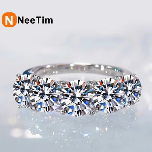 NeeTim 5mm 6.5mm Full Moissanite Ring for Women S925 Sterling Silver Eternity Sparkling Diamond Band Wedding Rings Jewelry