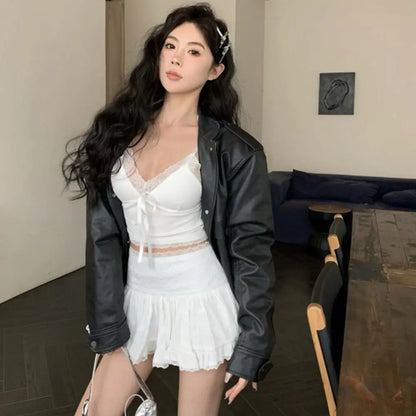 Sensually Innocent Style Ribbon Lace Camisole Slim Fit Ballet Summer Tube Top with Breast Pad INS Hip Hop Short Tank Women Girl