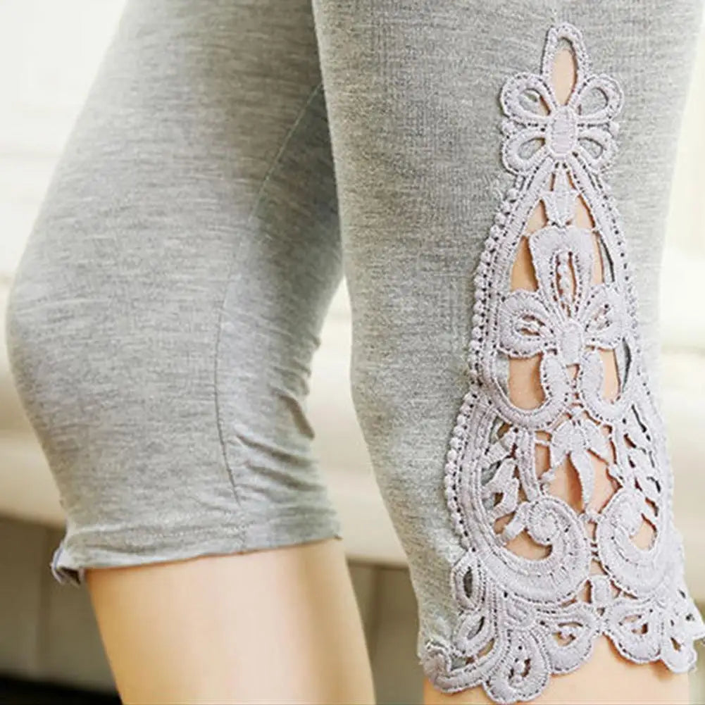 レディースクロップドレギンス エラスティックウエスト 刺繍レースステッチ 夏用 ストレッチ薄手 タイトフィットパンツ
