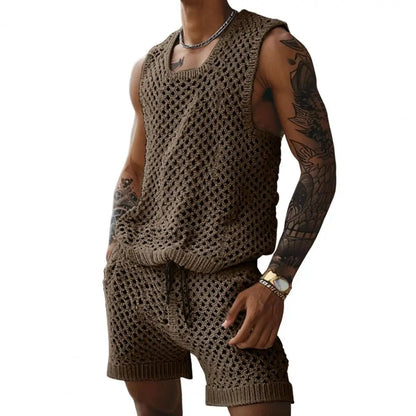 Vest Shorts Set Men's Casual Sleeveless Knit Top Drawstring Shorts Set for Daily Wear Elastic Waist Wide Leg Shorts for Men's
