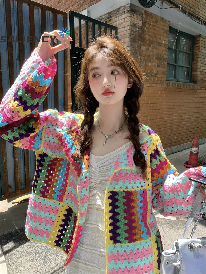 SALIENCY Colorful Crochet Knit Hollow Cardigan Sweater Jacket Women Spring Top Loose Short Knitwear