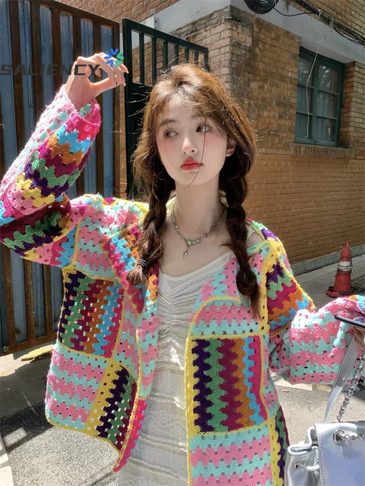 SALIENCY Colorful Crochet Knit Hollow Cardigan Sweater Jacket Women Spring Top Loose Short Knitwear