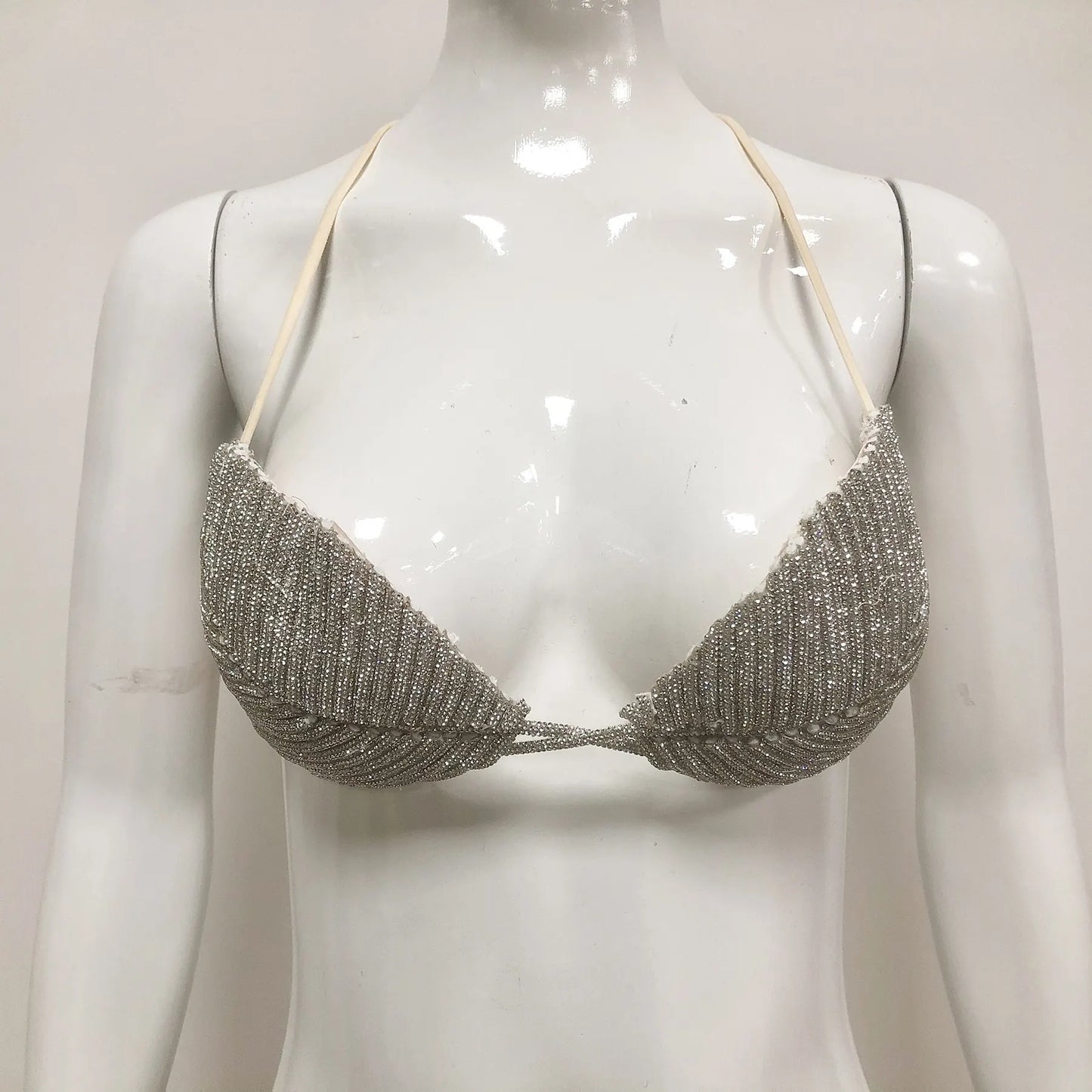 PB Glamorous Crystal-Embellished Leaf-Shaped Spaghetti Strap Bra Top - Ideal for Nightclub Outfits & Bold Fashion Statements