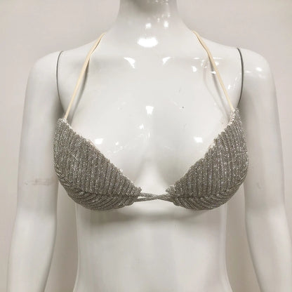 PB Glamorous Crystal-Embellished Leaf-Shaped Spaghetti Strap Bra Top - Ideal for Nightclub Outfits & Bold Fashion Statements