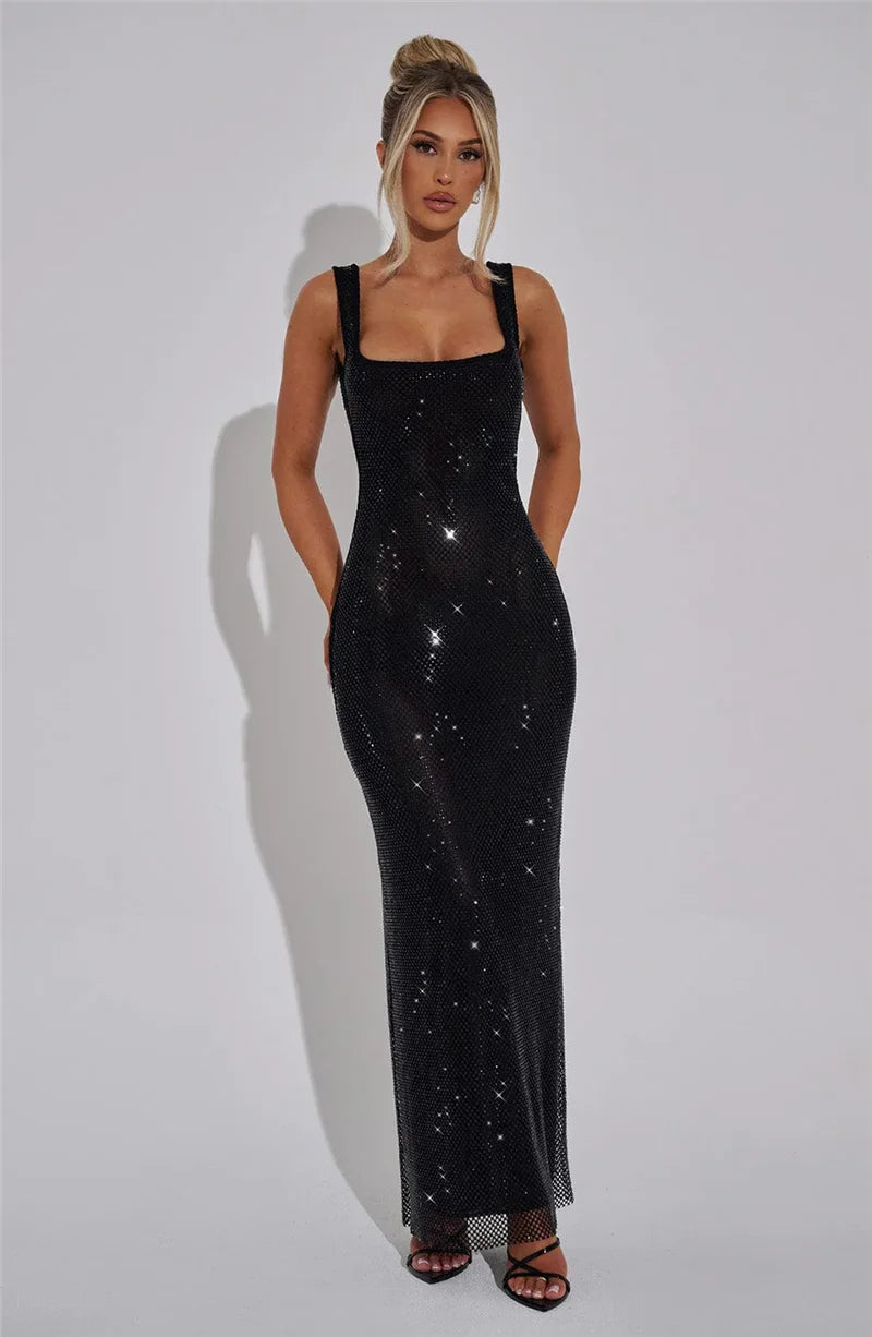 Mozision Sequins Backless Sexy Maxi Dress For Women Gown Fashion Sparkle Square Collar Sleeveless Bodycon Club Long Dress