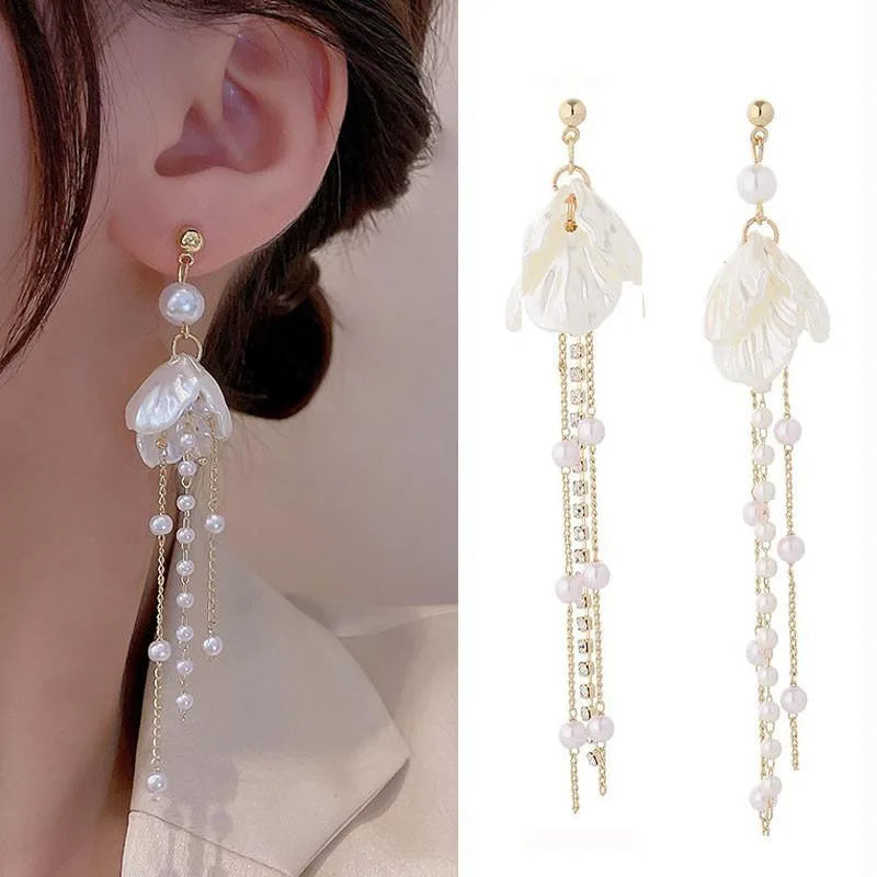 925 Silver Needle Korean Fashion Tassel Pearl Earrings For Women Jewelry 2025 Trending New Vintage Women's Pearl Drop Earrings