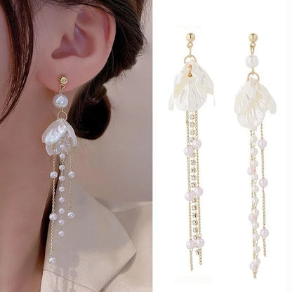 925 Silver Needle Korean Fashion Tassel Pearl Earrings For Women Jewelry 2025 Trending New Vintage Women's Pearl Drop Earrings