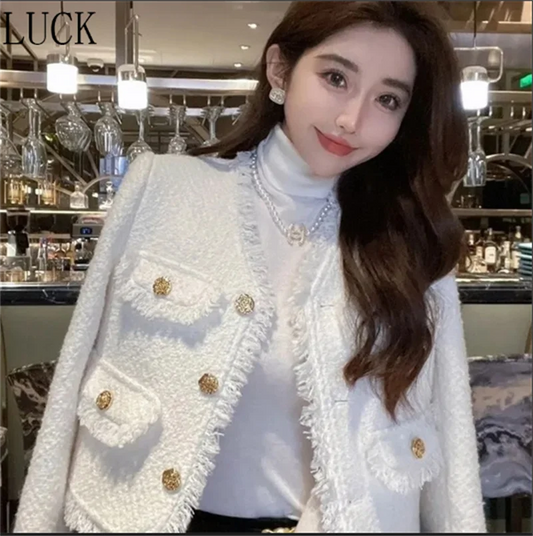 ジャケット 小さな香り ゆったり Vネック 長袖コート 春秋 高級 高級ツイード フレンチホワイト ショートコート レディース