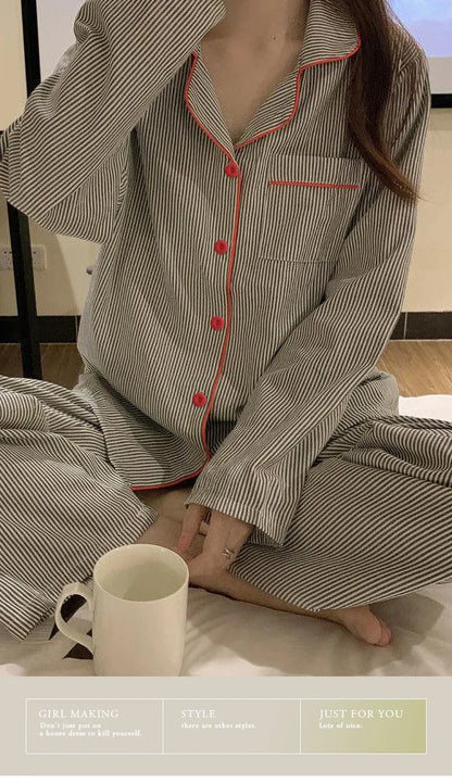 2PCS/Set Women's Long Sleeve Loose Breathable Student Sleepwear Loungewear Cardigan Gray Striped Girl Fashion Pajamas Homewear