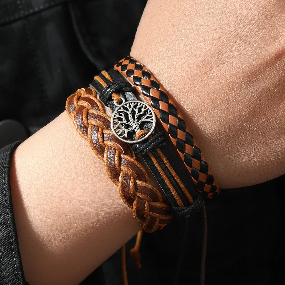 Red 6 Pc/set Tree Black Wrap Woven Handmade Wood Beads Bracelets Male Women Leather Bracelets Men Bangle Wholesale Jewelry Gift