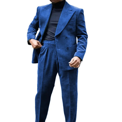 Autumn Winter Corduroy Men's 2 pieces suit Man blue suit Jacket suit Pants Suit Thick top for Wedding Banquet Business
