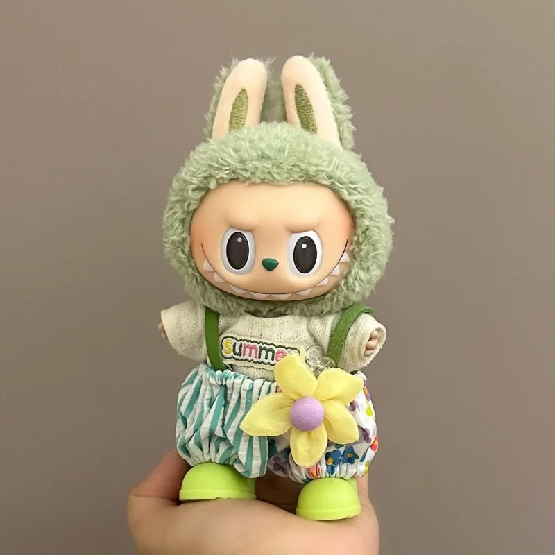 Labubuドール17cmぬいぐるみ用の服だけ 可愛いオーバーオールセット 夏のクールトレンド ファッション ソフトファブリック カラフルドレススーツ