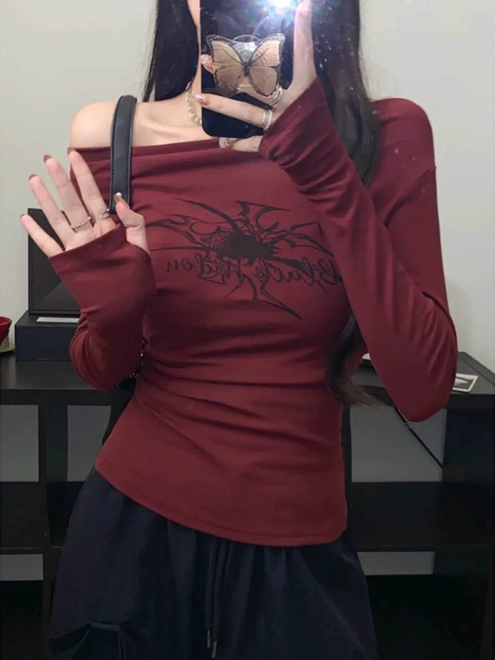 Gothic Spider Graphic Grunge T Shirts Women Y2k Off Shoulder Vintage Crop Top Korean Style Kpop Coquette Long Sleeve Tees 2025