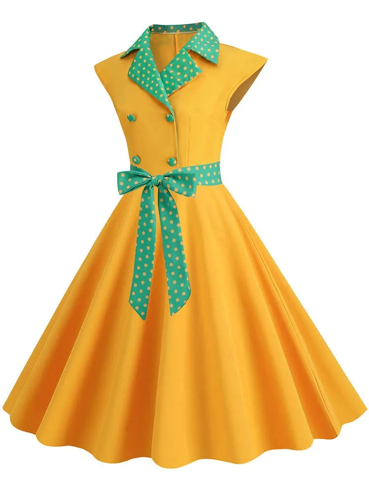 Notched Collar Vintage Solid Party Dresses Women Summer Sleeveless Belted Midi Swing Sundress
