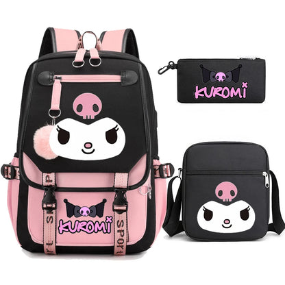 Kuromi Student Backpack 3pcs Cartoon Rucksack Girls School Bag High Capacity Women Backpack Female Cute Leisure Travel Mochilas