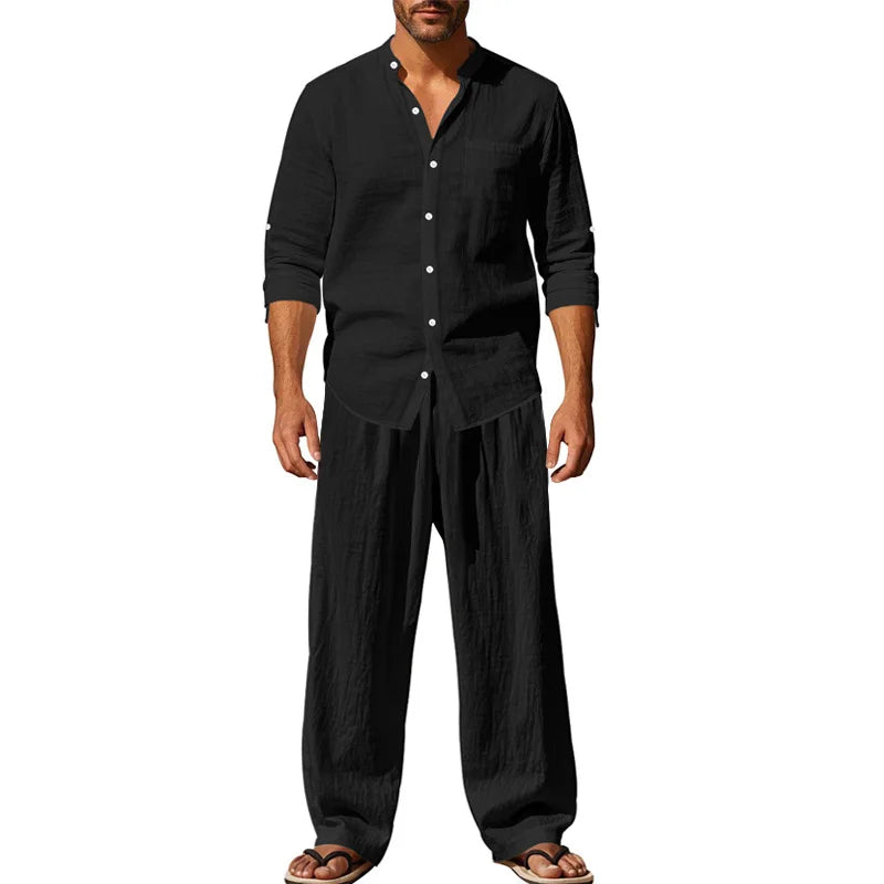 2025 New Spring and Summer Men's Suit Linen Casual Loose Breathable Long Sleeves Shirt Trousers 2Set of Beach Vacation Essential