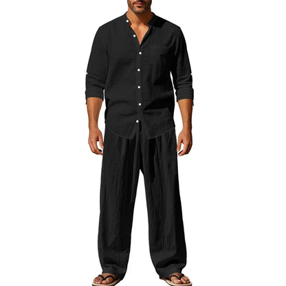 2025 New Spring and Summer Men's Suit Linen Casual Loose Breathable Long Sleeves Shirt Trousers 2Set of Beach Vacation Essential