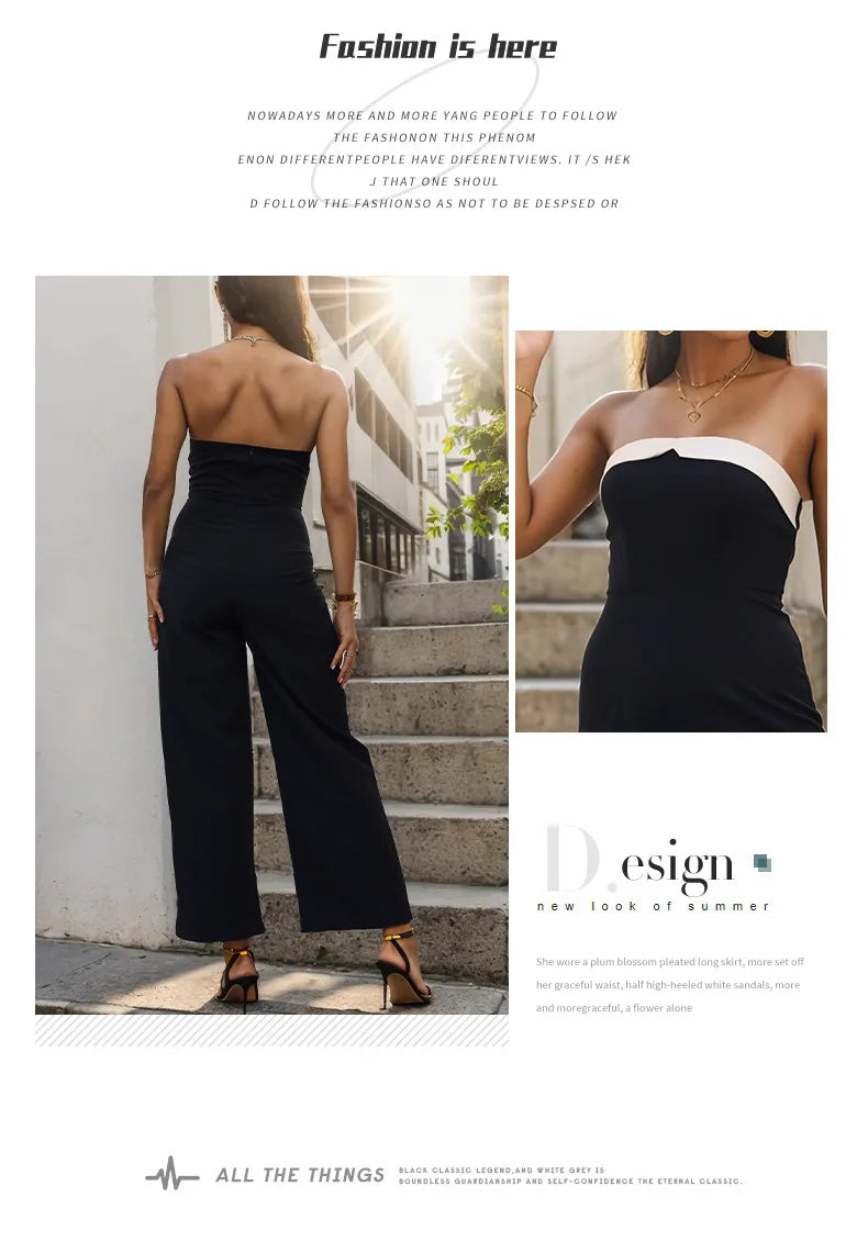 Women's Elegant Sleeveless Jumpsuits Summer High Waist Wide Leg Rompers Fashion Black White Splice Off Shoulder Party Playsuits