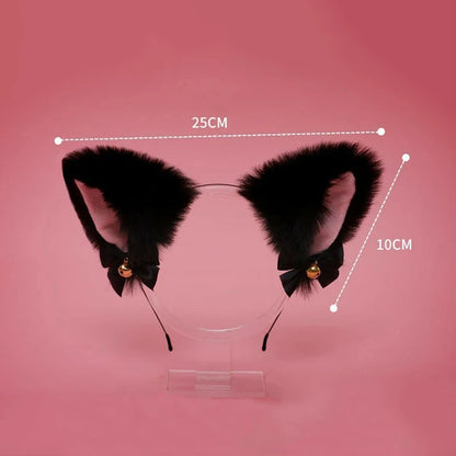 2Pcs Sexy Cat Ears Women Plush Bell Headband with Bell Heart Neckchain Cosplay Masquerade-Party Costume Hair Accessories