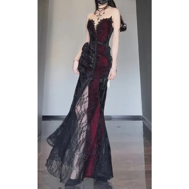 Summer Gothic Grunge Y2k Lace Dress Women Dark Academia Sexy Slim Party Dresses Korean Fashion Design Festival Long Prom Dress