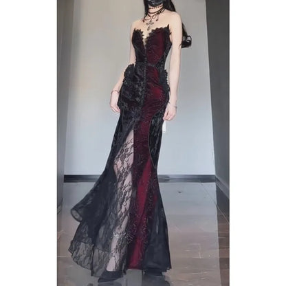 Summer Gothic Grunge Y2k Lace Dress Women Dark Academia Sexy Slim Party Dresses Korean Fashion Design Festival Long Prom Dress