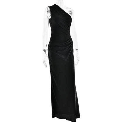 JULISSA MO Patchwork Satin Sexy One Shoulder Women Maxi Dress Brown Sleeveless Evening Dress Summer Slim Elegant Party Clubwear