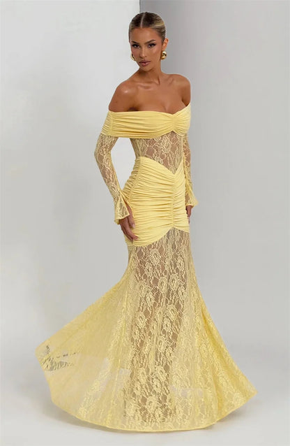 Mozision Off-shoulder Long Sleeve Sexy Maxi Dress Women Fashion Lace See Through Strapless Backless Bodycon Club Party Dresses