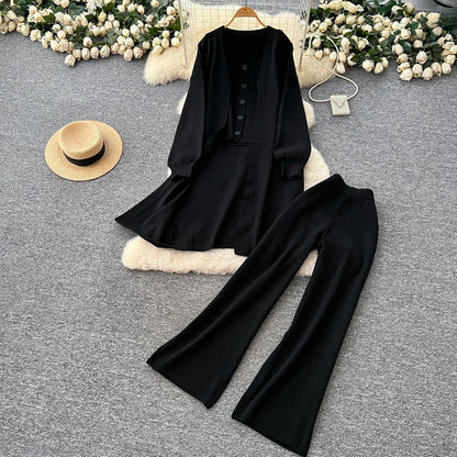 SINGREINY Autumn Knitted Warm Suits V Neck Buttons Vest+Full Sleeve Long Cardigans+Wide Legs Pants Women Solid Three Pieces Sets