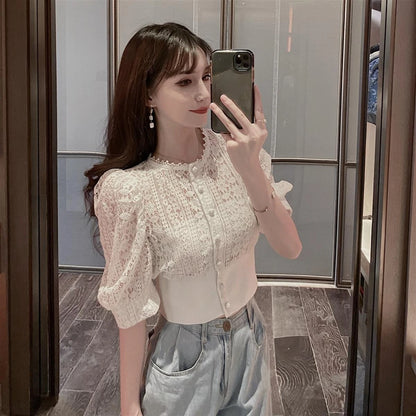 Woherb Sweet Crochet Top Blouse Women Sexy Hollow Out Shirt Vintage Puff Sleeve Korean  Shirts Fashion Chic Tops Blusas
