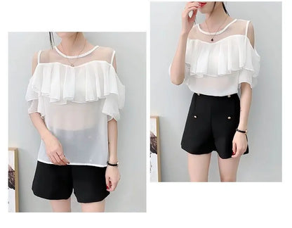 Off Shoulder Sexy Chiffon Blouses Women 2025 Summer Korean Fashion Clothes Ruffles Slim Sweet Ladies Casual Lace Tops Shirts Y2k