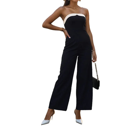 Women's Elegant Sleeveless Jumpsuits Summer High Waist Wide Leg Rompers Fashion Black White Splice Off Shoulder Party Playsuits