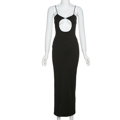 Combhasaki Womens Solid Color Thin Spaghetti Straps Backless Round Cutout Hole Slim Fit Suspender Party Club Slim Fit Long Dress