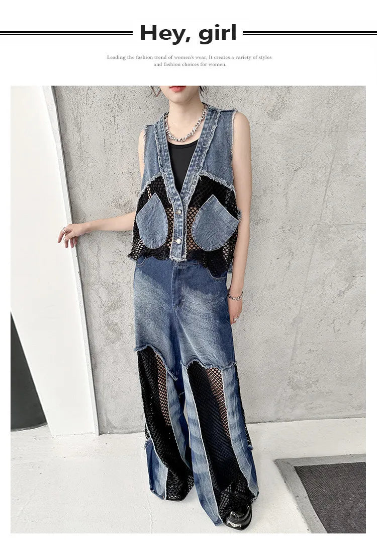 Grid Stitching V-Neck Denim Vest Women's Summer Fried Street Fashion Brand Loose Burrs Short Sleeveless Vests Jackets Female