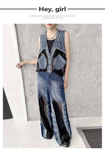 Grid Stitching V-Neck Denim Vest Women's Summer Fried Street Fashion Brand Loose Burrs Short Sleeveless Vests Jackets Female