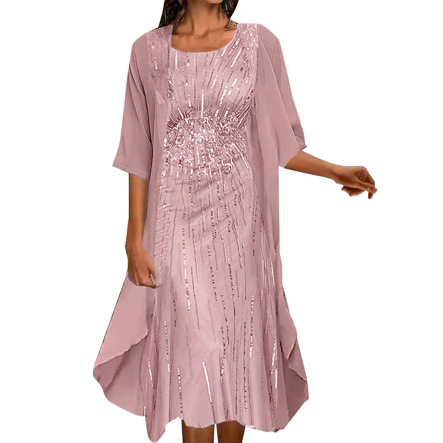 Formal Party Dresses Women Elegant Shiny Sequins Solid Color O-Neck Evening Dress Wedding Dress Two Piece Set Dress Vestidos