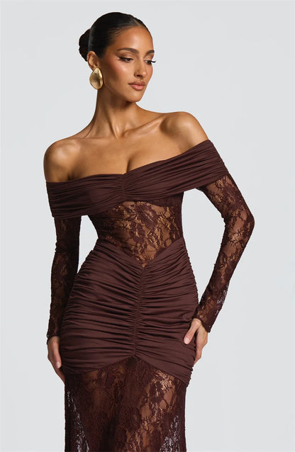 Mozision Off-shoulder Long Sleeve Sexy Maxi Dress Women Fashion Lace See Through Strapless Backless Bodycon Club Party Dresses