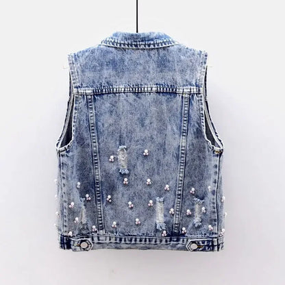 Women Denim Vest Jacket New Autumn Embroidery Beads Sleeveless Vintage Hole Jeans Vest Jacket Overcoat Female Tops Waistcoat
