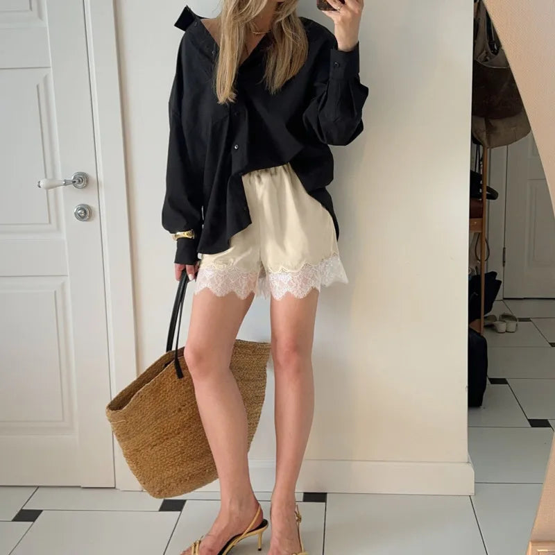 New Lace Casual Wide Leg Shorts Solid Elegant Black Short Pants High Waist Sexy Short High Street Y2k Bottoms Women Summer Short