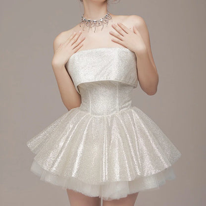 Elegant Glitter Hight Waist Solid Party Dress Fashion Backless Slim Evening Dress Sexy Strapless Sleeveless Bodycon Mini Dresses
