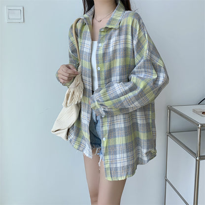 Women Tartan Shirt Long Sleeve Collared Button Up Oversized Plaid Shirt Jacket Grunge Fashion Teenage Girl Spring Summer Outfit
