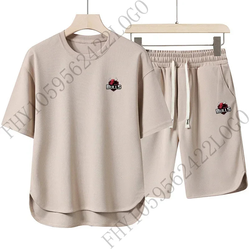 Men's new summer fashion sports suit casual fashion fitness jogging wear round neck T-shirt + breathable disconnect 2-piece set