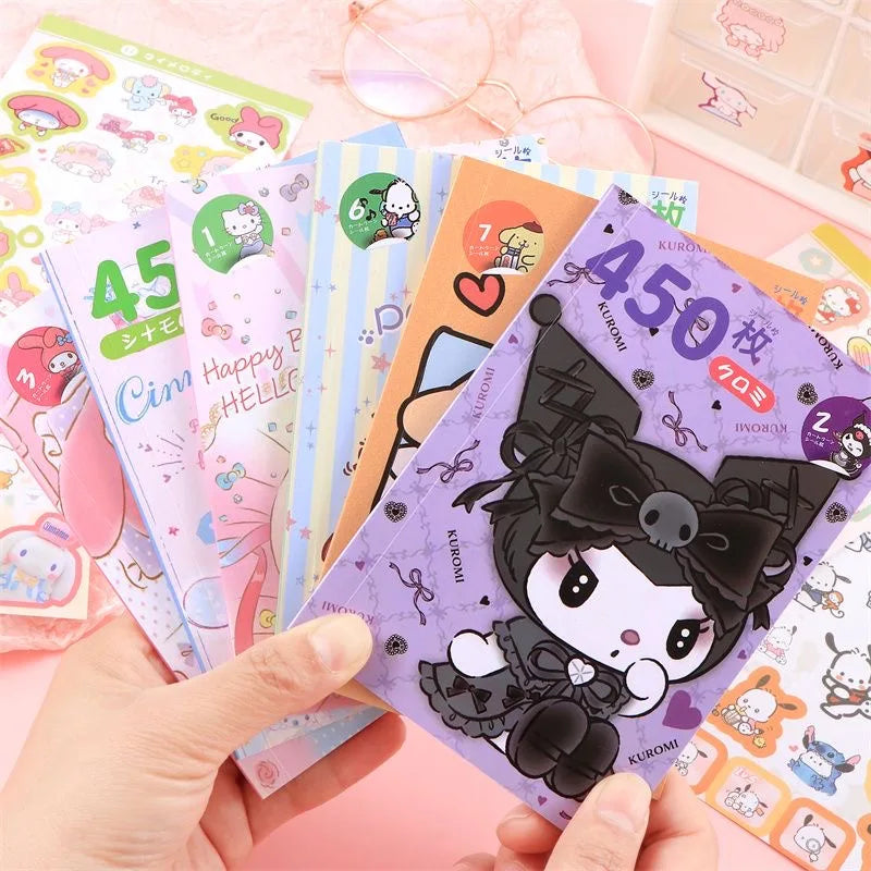 450Pcs/Book Sanrio Stickers Melody Cartoon Kuromi Hello Kitty Cinnamoroll Hand Acount Decorative Sticker Girls Gift Kids Toys