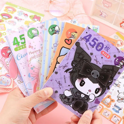 450Pcs/Book Sanrio Stickers Melody Cartoon Kuromi Hello Kitty Cinnamoroll Hand Acount Decorative Sticker Girls Gift Kids Toys